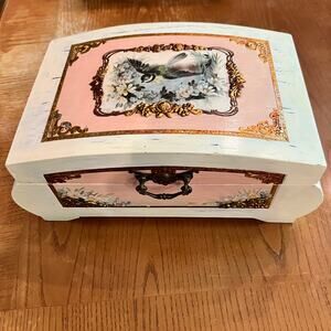 Custom Artisan Upcycled Trinket Sewing Box Decoupage Hand Painted Velvet Mirror